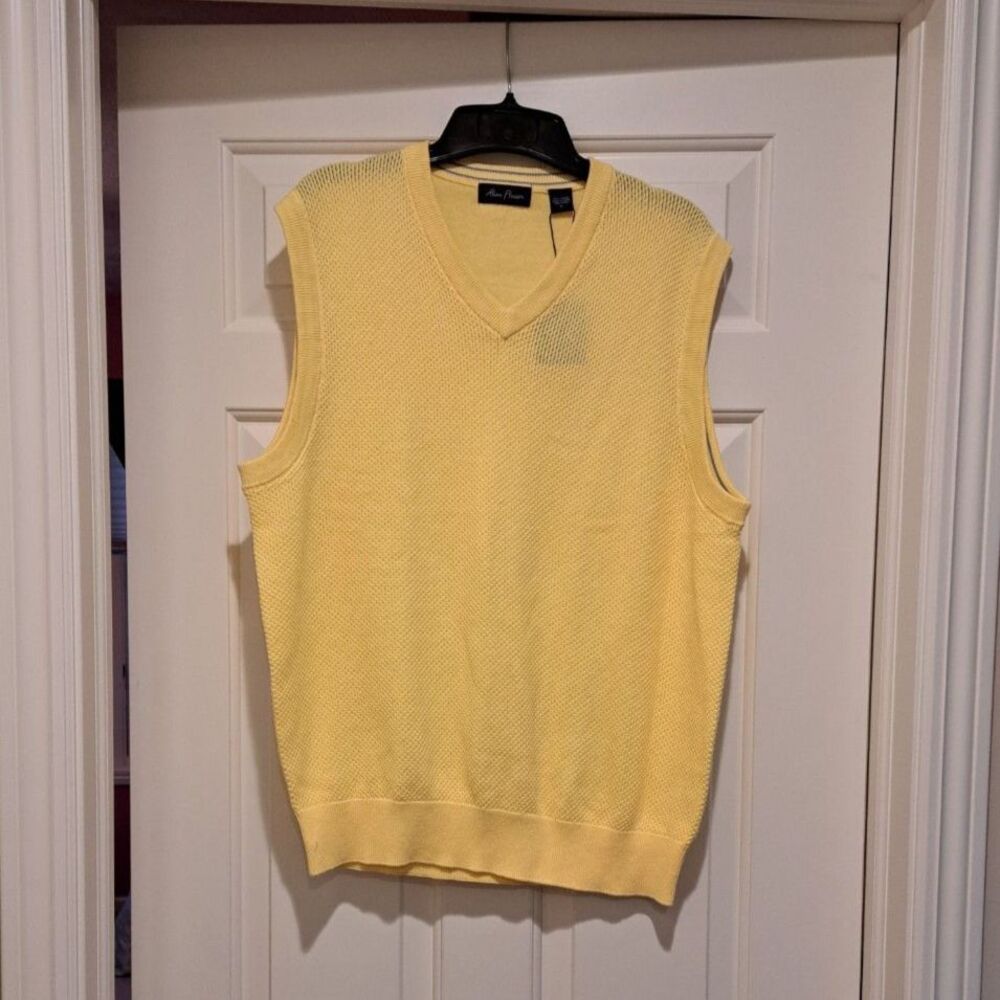 Alan Flusser V-Neck Waffle Knit Vest Men's L Yellow Pullover 100% Cotton New